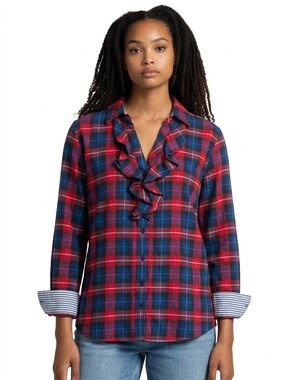 TOMMY HILFIGER Ruffled Plaid check  Button-Down Shirt in Red & Navy size medium